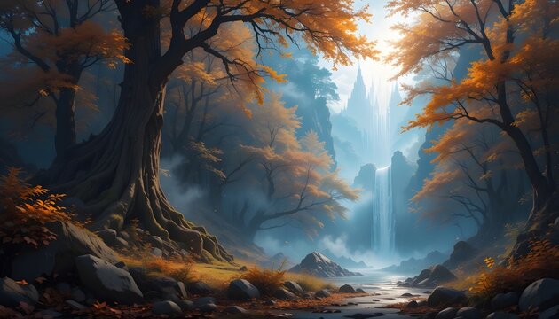 Majestic fantasy autumn landscape with ancient tree roots framing a hidden castle and waterfall in misty forest. Generative AI