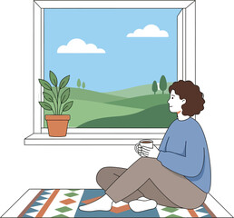 Obraz premium Woman drinks coffee looking at peaceful.
