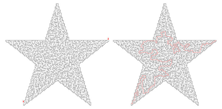 Star shape maze labyrinth puzzle with solution
