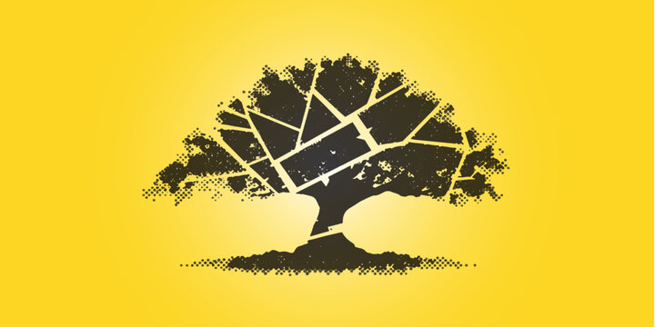 Abstract vector illustration of a silhouette tree designed with a world map and clock symbol on an earth globe