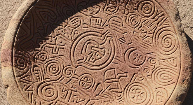 Ancient Neolithic carved stone disc with intricate spiral patterns, geometric symbols, and zoomorphic motifs, revealing prehistoric artistry and cultural heritage.