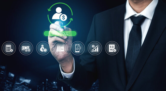 A business professional interacts with a digital payroll interface amidst a city skyline, showcasing technology role in modern financial management and corporate operations. Cyphers
