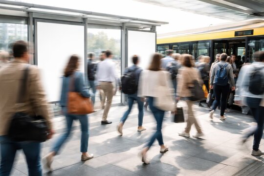 Crowd of people boarding a bus at a busy station during a weekday afternoon