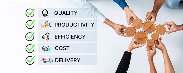 Obraz premium Hands Collaborating on Business Metrics with Checkmarks Highlighting Quality, Productivity, Efficiency, Cost, and Delivery in a Team Environment. Bitwise.