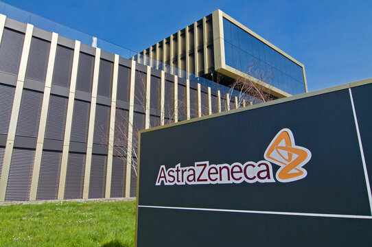 AstraZeneca sign logo in front of swiss headquarters in Baar, Switzerland
