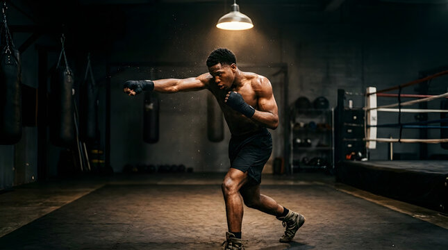 Professional athlete boxing in a dark gym with dramatic overhead lighting