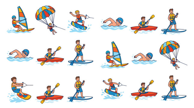 Diverse collection of active people enjoying various fun summer water sports in a cartoon style