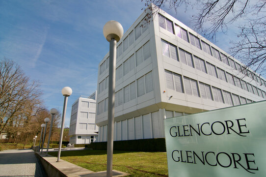 Glencore mining company sign on headquarters in Zug, Switzerland