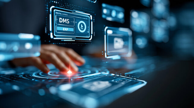 Close-up of a business technology interface displaying DMS, ERP and digital content workflow on a futuristic cyber screen, enterprise software concept, corporate technology