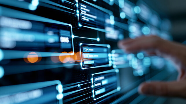 Close-up of a business technology interface displaying DMS, ERP and digital content workflow on a futuristic cyber screen, enterprise software concept, corporate technology