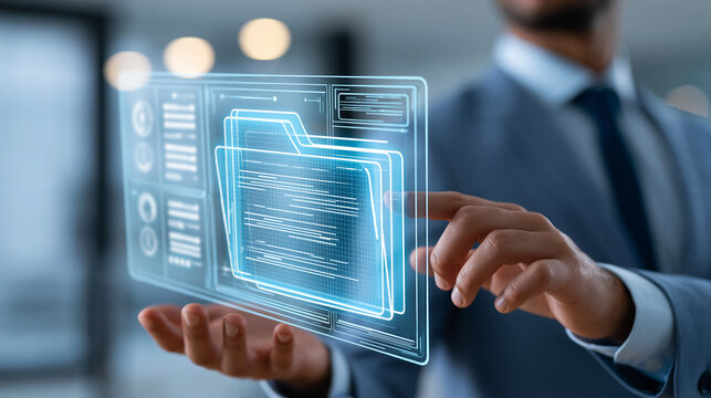 Rear view of an executive interacting with a digital file folder interface in a professional environment, document processing concept, signing workflow management, paperless