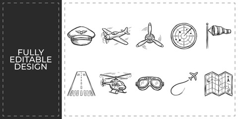 Set of travel and aviation icons with airplane luggage and pilot hat for tourism design frontal isolated png on a transparent background perfectly cutout high resolution © Ashik  Khan