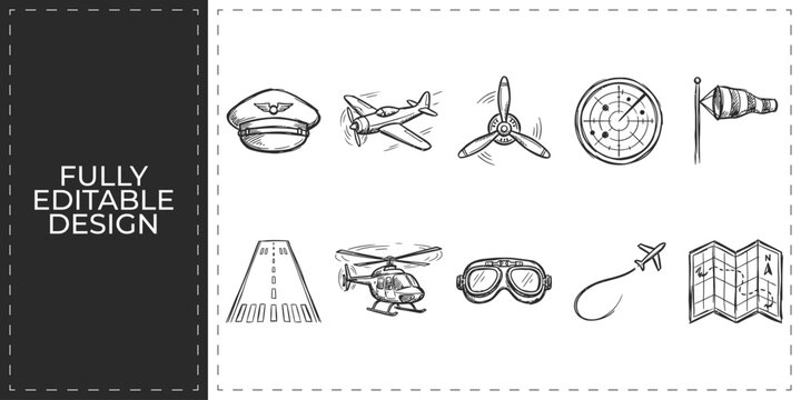 Set of travel and aviation icons with airplane luggage and pilot hat for tourism design frontal isolated png on a transparent background perfectly cutout high resolution