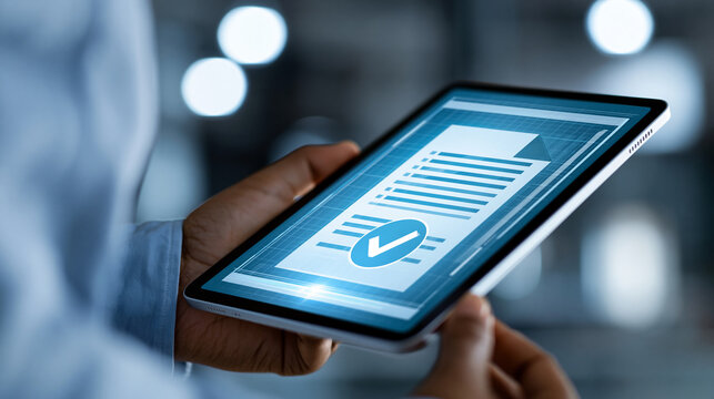 Close-up of a person holding a tablet with a document and checkmark icon displayed on screen, digital approval concept, paperless document confirmation, workflow verification,