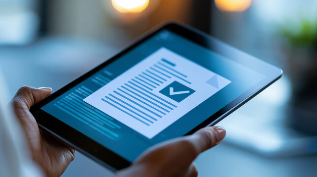 Close-up of a person holding a tablet with a document and checkmark icon displayed on screen, digital approval concept, paperless document confirmation, workflow verification,