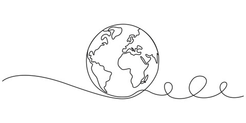 Continuous one line art vector illustration of the Earth floating on wavy lines in a minimalist style,One line style world. Simple modern minimalistic style vector.Earth globe continuous line drawing  © Shovo