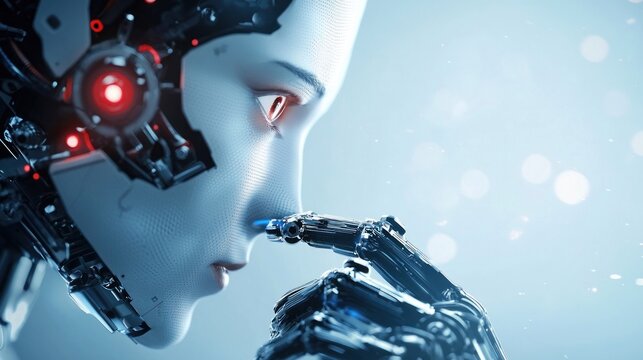 Close up of a futuristic cyborg robot face with mechanical parts and glowing red eye.