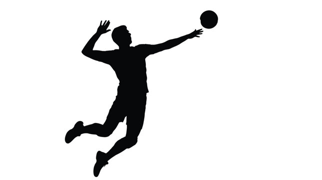 Athletic volleyball player jumping high in the air to spike a ball during a match