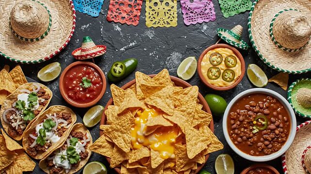 Mexican food arrangement with sombreros and colorful decorations