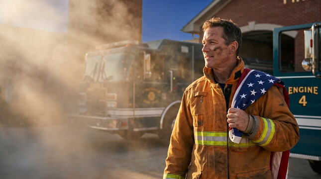 Firefighter holding an American flag and standing near fire truck  