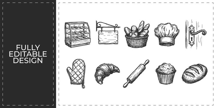 Set of bakery and bread icons with croissant rolling pin and chef hat for restaurant theme frontal isolated png on a transparent background perfectly cutout high resolution