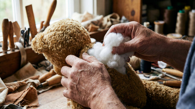 Close-up of hands filling a teddy bear body with soft cotton stuffing