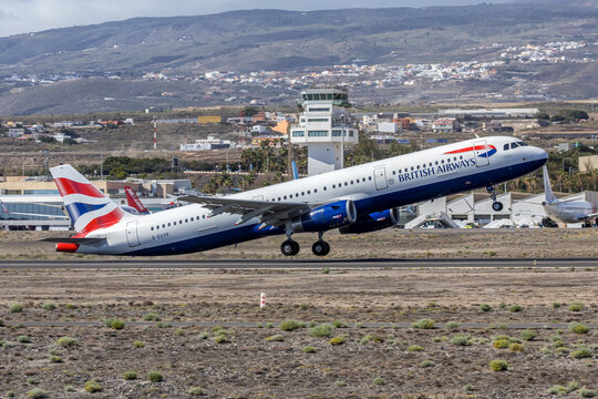 British Airways Airbus A321 airplane at Tenerife South airport in Spain