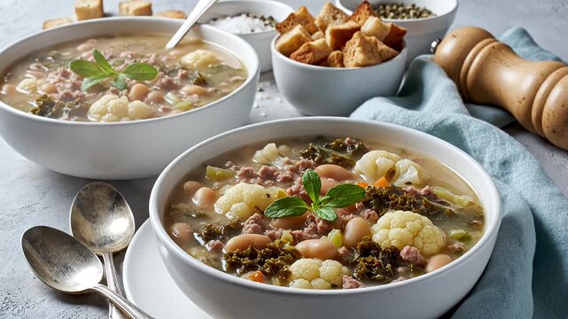 Delicious soup bowls with assorted vegetables and meat ingredients