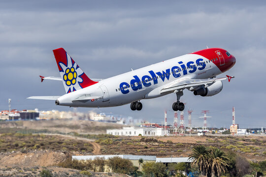 Edelweiss Airbus A320 airplane at Tenerife South airport in Spain