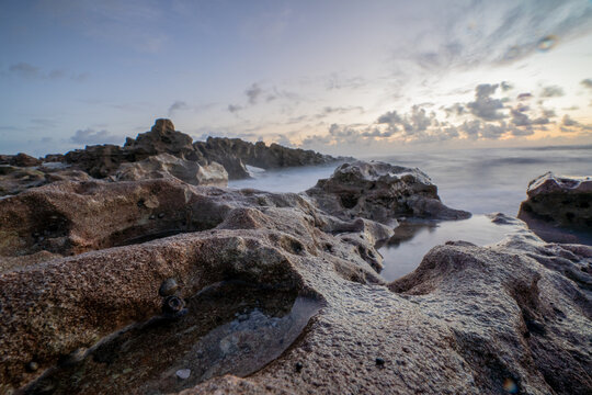 View of porous rock formations and tide pools along the coastline under a soft cloudy sky at dawn in Florida, United States.