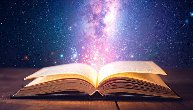 An open book emits radiant cosmic light, symbolizing infinite knowledge, imagination, and the mystical connection between wisdom, creativity, and the universe&rsquo;s boundless possibilities.
