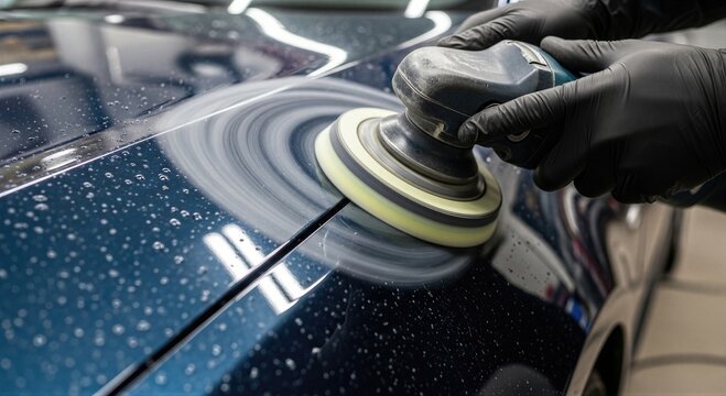 Auto detailer using electric buffer to polish dark car paint. Professional vehicle maintenance and car wash service. Worker refining vehicle exterior for glossy showroom finish.