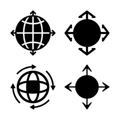 Fototapeta premium Globe with directional arrows icon set - Minimalist vector icons showing globe with directional arrows for navigation and movement concepts.