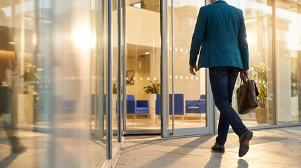 Fototapeta premium Office worker leaving building with briefcase during sunset 