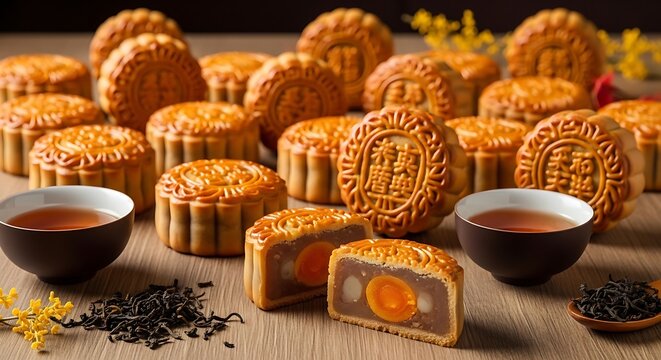Traditional mooncakes, Chinese desserts, Mid-Autumn Festival treats, assorted tea