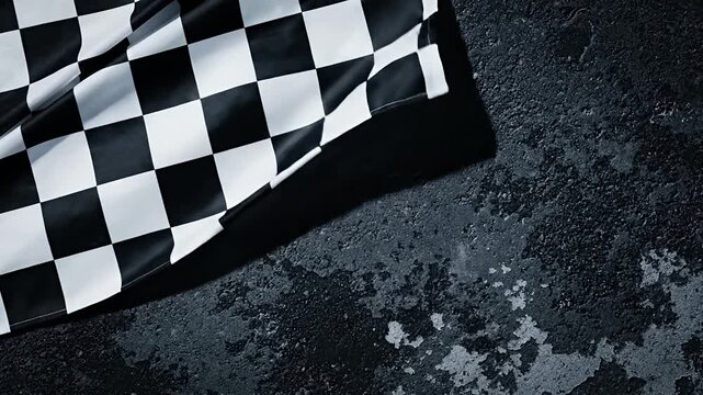 Black and white checkered flag waving on a dark textured surface