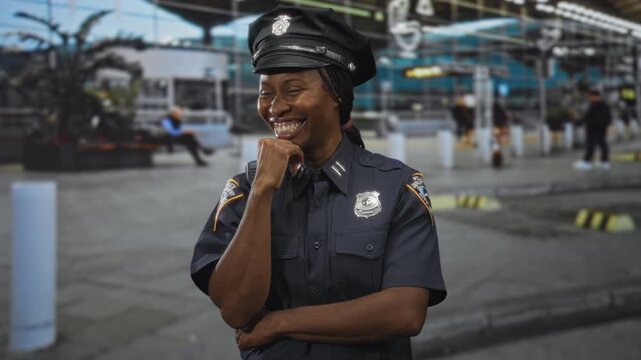 African american woman police officer with badge and radio, smiling with hand on chin at airport curbside; service duty friendly.