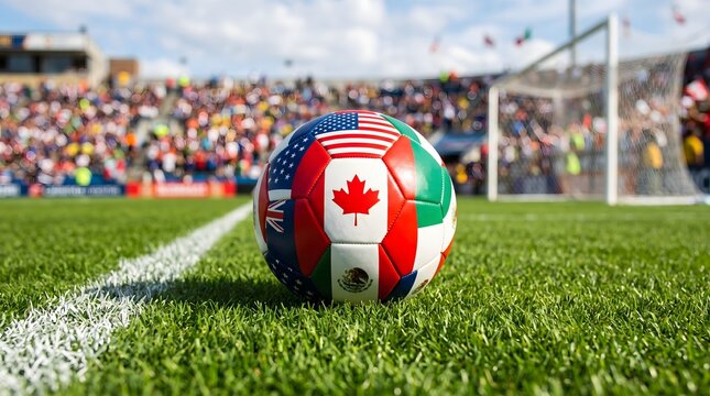 Football world cup 2026 soccer ball on green field with flags of host countries