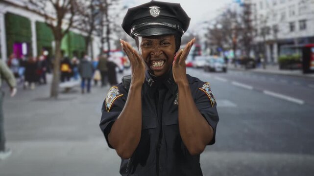African american woman police officer with badge and cap, hands to face grimacing and clenching fists in crowded street; frustration duty.