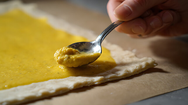 A hand deftly spreads vibrant yellow filling over a rectangular pastry dough, preparing a delicious dessert or savory dish on parchment paper