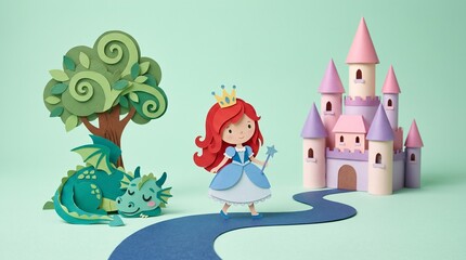 Naklejka premium A paper-cut princess walks a winding path past a sleeping dragon toward a pastel castle. Layered cardstock and clean shadows create a crisp, peaceful, and inviting storybook world.