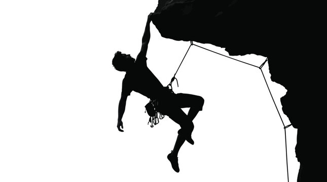 Silhouette of a determined rock climber hanging from a steep cliff face during an ascent
