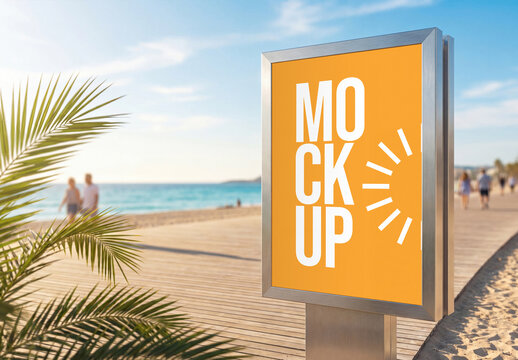 Vertical Outdoor Billboard Mockup on Sunny Beach Boardwalk with Palm Leaves and Blurred People for Summer Advertising