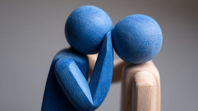 Emotional support expressed through wooden figures: a blue figure gently comforts a natural wood figure, symbolizing empathy and solace