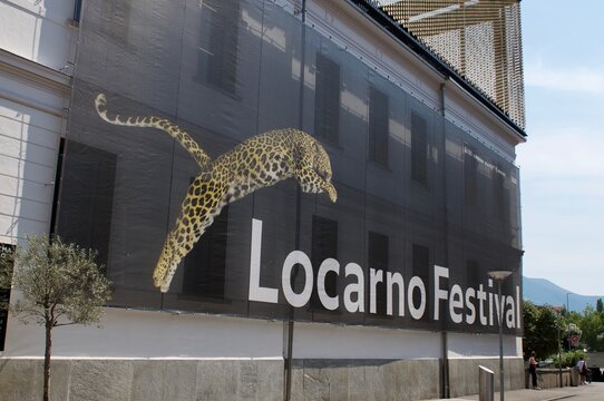 Locarno Film Festival banner on building exterior in Locarno, Switzerland