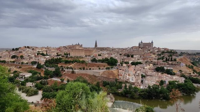 Panoramic view of Toledo city from the Mirador del Valle viewpoint, Toledo, Castilla-La Mancha, Spain.