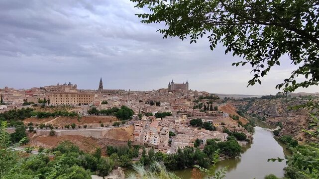 Panoramic view of Toledo city from the Mirador del Valle viewpoint, Toledo, Castilla-La Mancha, Spain.