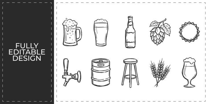 Set of beer and pub icons with glass bottle and hops for brewery and alcohol branding theme frontal isolated png on a transparent background perfectly cutout high resolution