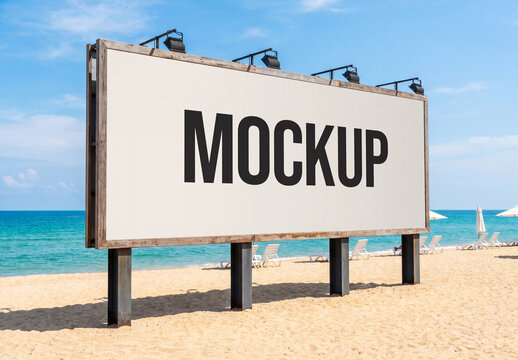 Large Horizontal Outdoor Billboard Mockup on Sunny Sand Beach with Ocean View and Lounge Chairs for Summer Advertising