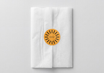 Top View of White Tissue Paper Wrap Mockup with Round Orange Sticker Seal for Branding and Gift Packaging Showcase